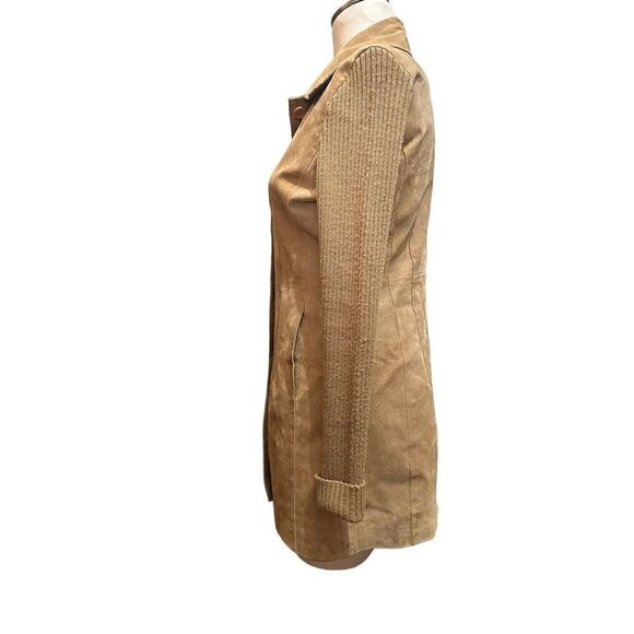 Twiggy Womens Leather Coat with Wool Blend Knit Sleeves Hip Length Retro Size M - Picture 4 of 16